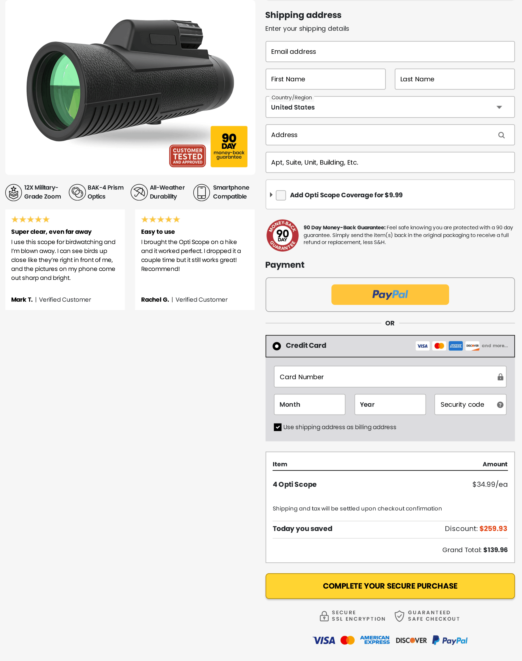 Opti Scope checkout page.